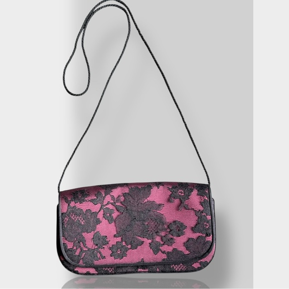 Kurt Geiger x Baldinini 🪢 1980’s VTG Pink and Black Floral Lace Clutch Bag - Picture 2 of 12